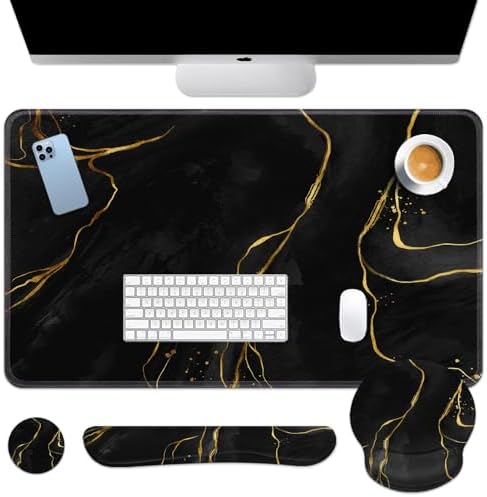 Britimes Keyboard Mouse Pad Set, 4 in 1 Desk Mat Set, Marble Black Gold