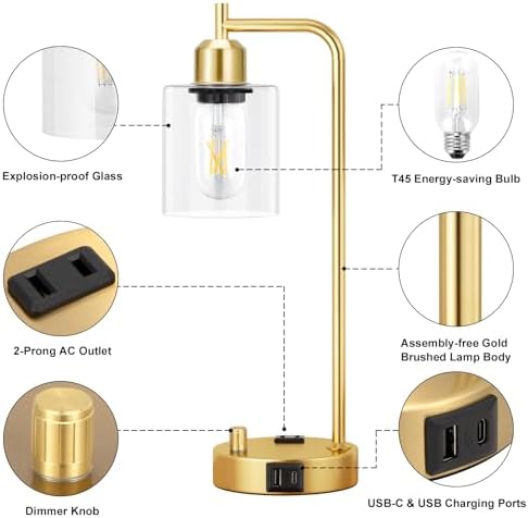 Innqoo Industrial Table Lamp for Bedroom Set of 2 - Fully Dimmable Bedside Lamps with USB Ports and Outlet, Gold Nightstand Lamps with Clear Glass Shade for Living Room, Desk Lamps for Office Reading