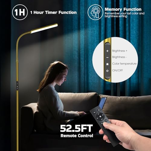 Dimunt LED Floor Lamp, Stepless Adjustable 3000K-6000K Colors, Golden
