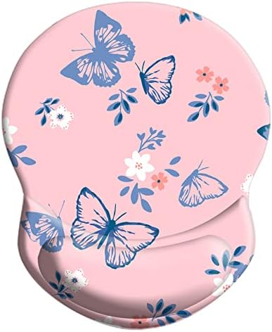 Ergonomic Wrist Support Mouse Pad - Comfortable Computer Mouse Pad with Non-Slip PU Base for Home Office Working Gaming (Blue Butterfly on Pink)