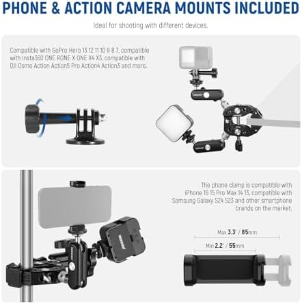 NEEWER Heavy Duty Super Clamp with Two 360° Dual Ball Head Magic Arms, 1/4" 3/8" Screw Threads, Phone & Action Camera Mount Adapter for Flat/Round Surface Compatible with GoPro DJI Insta360 DSLR