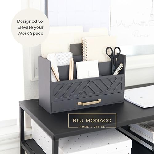 BLU MONACO | Wooden Mail Organizer with Drawer Gold Handle | Mail Sorter Organizer Countertop and Outgoing Mail Holder | Tabletop Organizer with Drawers Grey Desk Storage