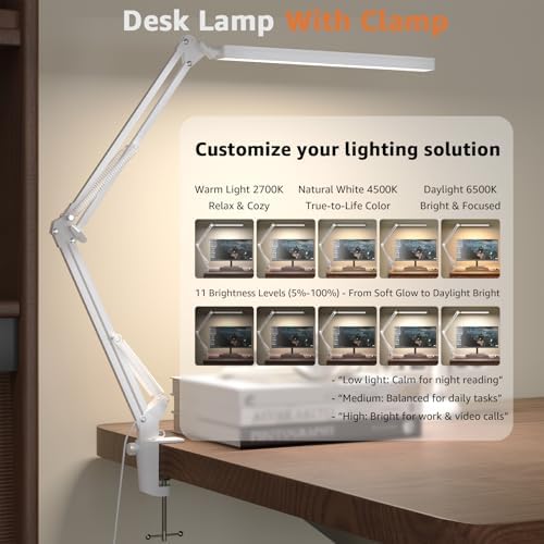 Upgrade Swing Arm LED Desk Lamp with Clamp, 80 LED Beads, 5 Color Modes & 11 Brightness Levels, 360° Adjustable Arm, Eye-Caring Light CRI95, Timer & Memory Function, for Office, Study, Crafting