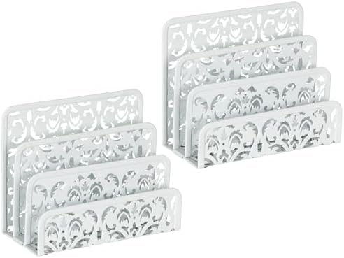 EasyPAG 2 Pack Mail Organizer with Hollow Floral Design, Metal Desktop Letter Sorter – 3 Compartments, No Assembly, Anti-Slip Feet for Office/Home Desk, White