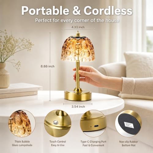 Mini Rechargeable Cordless Touch Table Lamp, Battery Powered, Amber Bubble Glass Shade, 2600mAh, 3 Color Temperatures, Stepless Dimming, for Bedside Dresser Bookshelf