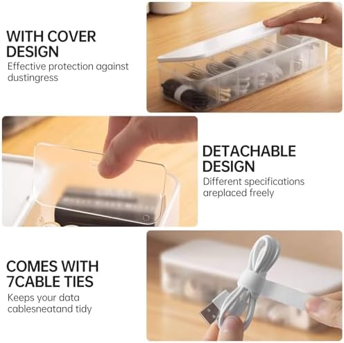 PAVSTINE Cable Organizer Storage Box with Lid, 7 Wire Ties, White