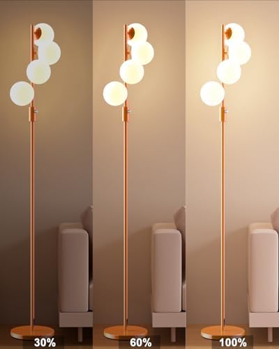 Mid Century Modern 4 Globe Orange Floor Lamp Dimmable Standing Lamp with 3000K Warm White Bulbs Included, Tall Ambient Floor Lamp for Living Room Bedroom Home Office Sofa Beside Corner Decor