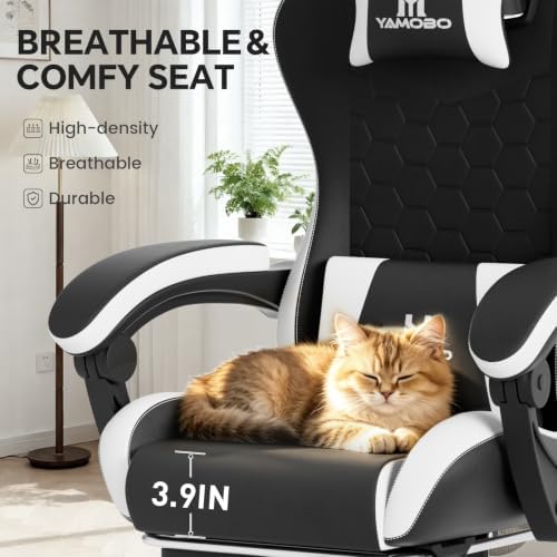 Gaming Chair, Computer Office Chair with Footrest, Adjustable Height & Backrest Gaming Chairs with Swivel for Adults, High Back PU Leather Ergonomic Chair with Lumbar Support, Blackwhite