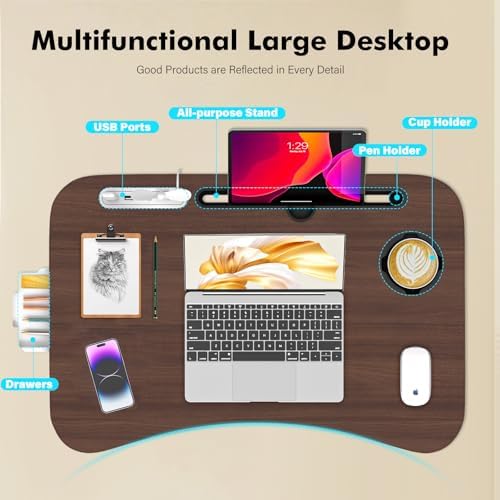 Lap Desk for Bed Adjustable Height, Foldable Bed Table with Storage Drawer, Tablet Slot & Cup Holder, Portable Laptop Stand for Bed & Sofa, Bed Desk for Adults & Kids, Walnut