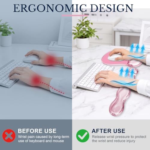 Keyboard Wrist Rest & Ergonomic Mouse Pad with Wrist Rest Set, Cute Transparent Gel Wrist Rest for Keyboard and Mouse, Soft Support for Pain Relief, Office, Gaming Desk Accessories（Pink）