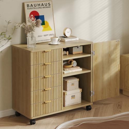 Bestier Office Storage Cabinet with 5 Drawer Adjustable Shelf, Oak