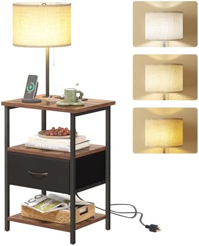Fixwal Nightstand with Lights Bedside Table with 3 Color Temperatures Bulb, Night Stand with Charging Station End Table with Adjustable Fabric Drawer for Bedroom Dorm