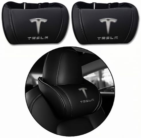 Car Headrest Neck Pillow Support Ergonomic, with Valve Stem Covers Accessory for Driving Seat Fatigue Relief Compatible with Model S X 3 Y & Cybertruck - 2 Pieces