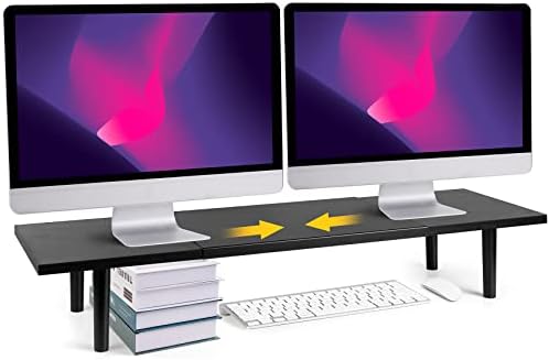 Across-Star Dual-Monitor-Stand-Riser-For-Desk Adjustable Length 32-40 Inch，Large Desktop Computer Monitor Riser For 2 Screens，Desk Shelf Organizer Riser Stand For Computer/Laptop/PC/Printer/TV Black