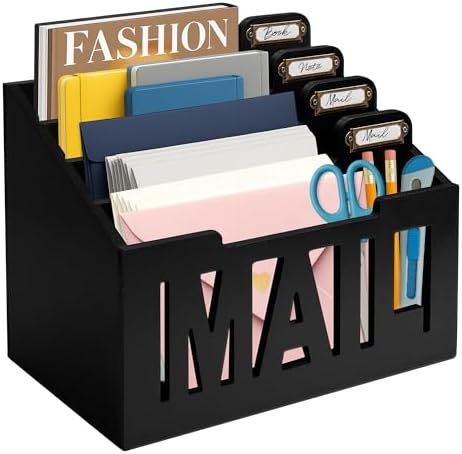 Mail Organizer Countertop, Desktop Mail Sorter with 4 Slots & Labels, Black