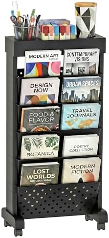 6-Tier Rolling Bookshelf Magazine Rack with Wheels Black