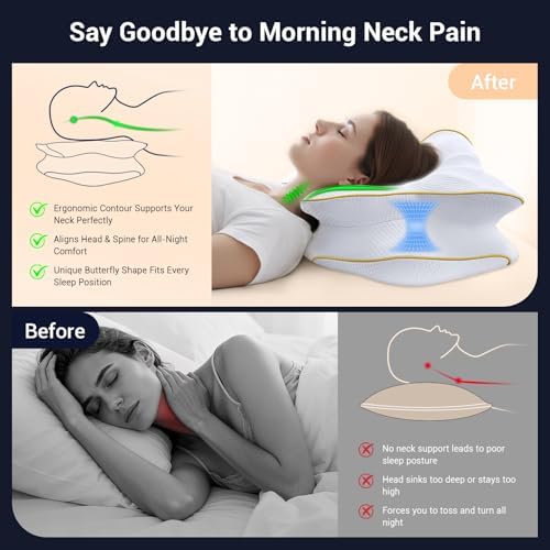 AZBESTPRO Memory Foam Cervical Pillow for Neck Support & Pain Relief, Butterfly Ergonomic Design – 24×15.75×5.7 Inches, Removable 100% Polyester Pillowcase, Suitable for Side & Back Sleepers (Gold)