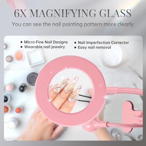 krofaue UV Nail Lamp with 6X Magnifier, 4 Brightness, Dual Light Mode