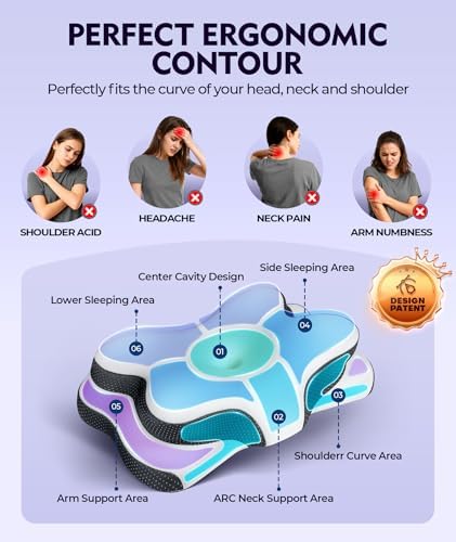 Osteo Zoned Contour Cervical Neck Pillow for Deeper Pain Relief Sleep, Q-max 3X Cooling Pillow with Non-Temperature Affected Memory Foam, Ergonomic Support Pillows for Back Stomach Side Sleeper