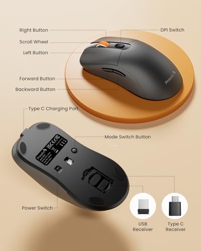 ProtoArc EM15 USB C Mouse, Tri-Mode Bluetooth Mice for Laptop, Gray