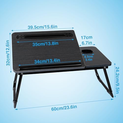 Laptop Bed Desk, Adjustable Lap Desk, Small Laptop Table with USB Charge Port, Desktop Card &Pen Slot, Cup Holder, Foldable Bed Tray Table for Couch Sofa Chair Floor Eating Working
