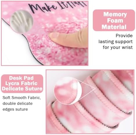 4-in-1 Gaming Mouse Pad Wrist Support Set，Desk Pad + Mouse Pad with Wrist Rest + Keyboard Wrist Rest + Coaster, Ergonomic Design for Home Office Study Game - Pink Stay Positive
