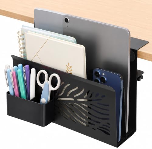 AVLA Desk Side Storage Organizer, 2 Tier No Drill Under Desk Laptop Holder, Steel Clamp On Desk Shelf With Magnetic Pen Box, Hanging Mount File Holder for Office, Fits Flat Table Edge 0.4" to 2"