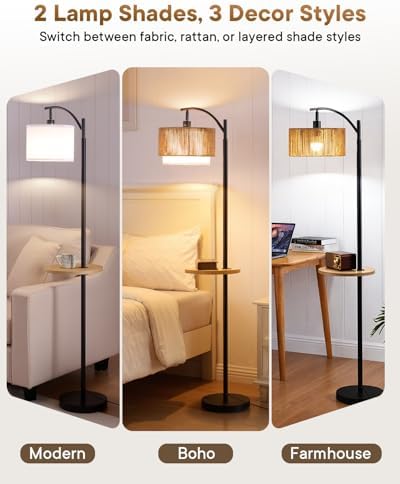 PESRAE Rattan Floor Lamp for Living Room, Farmhouse Arc Standing Lamp