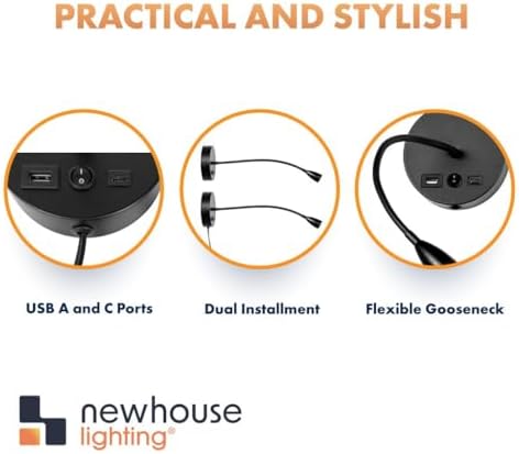 Newhouse Lighting 4.5 in. W x 15 in. H Cole Gooseneck Reading Light in Matte Black with USB-A and USB-C Charging Ports NHRL-CO-BLK, Bedside Lamp for Nightstands, Space-Saving Office Desk Accessory