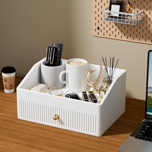 LADSTAG Office Desk Accessories,Beige White Vegan Leather Office Organizer with 1 Drawer & Tray,Pen Holder with Gold-Tone Metal Accents Knob for End Tables,Bedside Table,Bedroom.