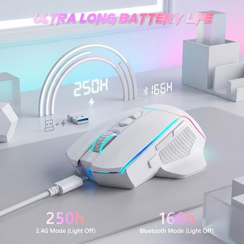 Redragon Wireless Gaming Mouse, Tri-Mode 2.4G/Bluetooth/USB-C, 7 Programmable Buttons, Tactile Rapid Fire Key, 24000 DPI RGB Ergonomic Mouse for PC Windows Gaming & Work, M814W