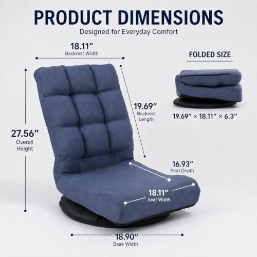 Swivel Floor Chair for Teens，Multipurpose Gaming Chair Rocker for TV, Reading, Playing Video Games Lumbar Support, Adjustable Foldable Backrest,Blue