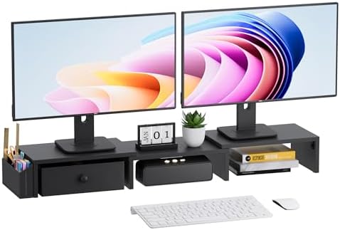 Dual Monitor Stand Riser, Adjustable Length & Swivel Angle Monitor Stand, Ergonomic Monitor Stand with Drawer & Side Pockets, Desktop Organizer and Office Desk Accessories, Black