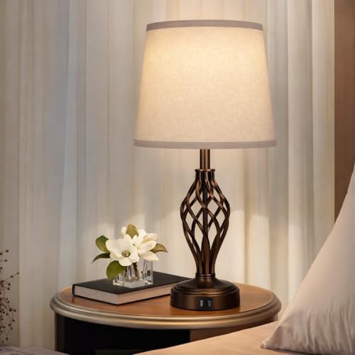 Ruiever Touch Table Lamps Set of 2, nightstand lamp with USB Ports Bedside 3 Way Touch dimmer Desk lamp for Living Room Bedroom,Brown Painted Spiral cage Base Design Warm White dimmer Bulbs Included.