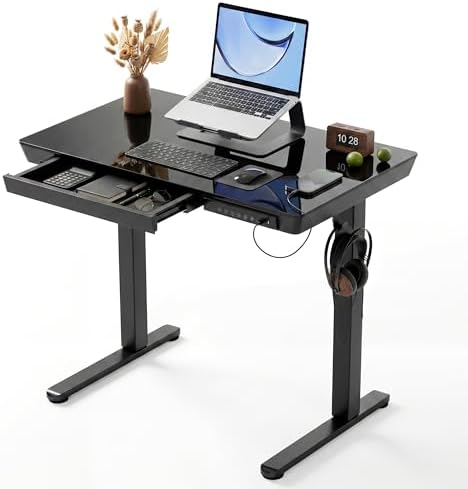 Claiks Small Glass Standing Desk with Drawers & USB Ports 32x19 Black