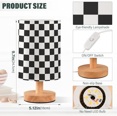 ALAZA Black White Checkered Plaid Decor Bedside Table Lamp with USB Port for Bedroom Nightstand Office Desk LED Bulb Included