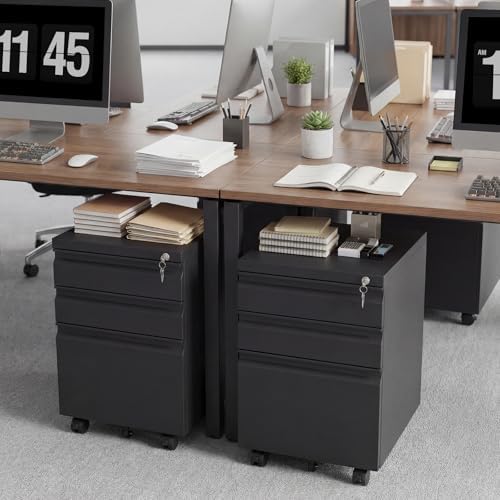 3 Drawer File Cabinet on Wheels,25.6" H Black Filing Cabinet with Lock,Under Desk Metal File Cabinet for Home Office Organizer Letters/Legal/A4(Fully Assembled) (Black)