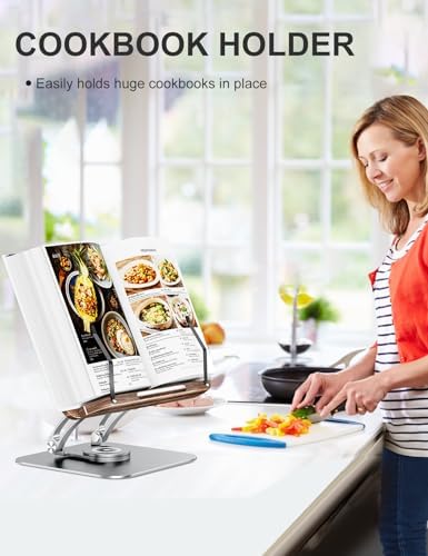 Tounee Book Stand for Reading, Adjustable Book Holder with 360° Swivel Base, Foldable Cookbook Stand Recipe Book Holder with Elastic Page Clips for Music Scores, Recipe, Tablet, Laptop-Silver