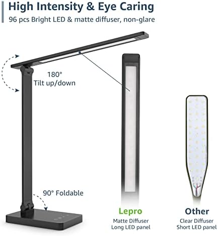 Lepro Desk Lamp with USB Charging Port for Home Office, 650LM 9.5W, Black