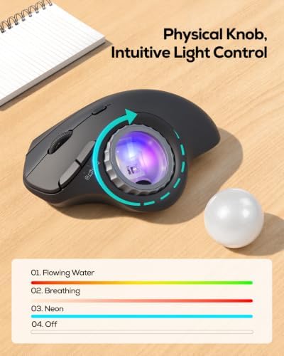 Nulea M508 Wireless Illuminated Trackball Mouse, Ergonomic Mouse with RGB Thumb Rollerball & Lighting Control Knob, Rechargeable Track Ball Mouse, Bluetooth & 2.4G USB, 4 DPI for PC/Mac/Laptop
