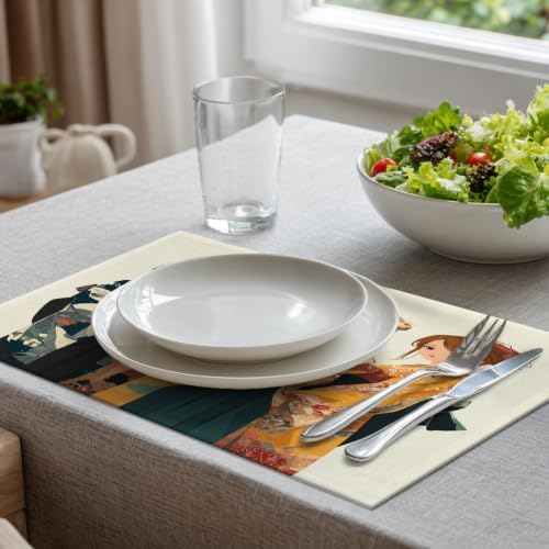 Batmerry Traditional Clothing Fan Art Placemats, Cultural Dress Hand Held Washable Linen Table Mats for Kitchen Table Double Insulation Decor Dining Set Indoor Outdoor 12X18 in Set of 6