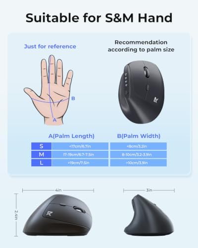 Redragon Ergonomic Mouse, Bluetooth Rechargeable Wireless Vertical Mouse, 3 Multi-Device Connectivity for Computer/PC/Laptop, 500mAh Battery, 2.4GHz USB-A Optical Mice for Windows, Mac OS, Black