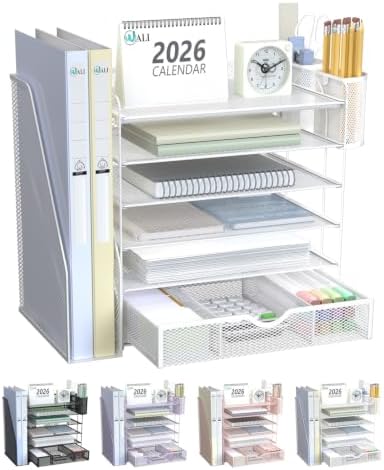 WALI Desk File Organizer, 6 Tier Desktop Paper Letter Tray Organizer with Drawer and 2 Pen Holders, Office Desk Accessories & Workspace Organizers for Office, Home Supplies(DO007DH-W), 1 Pack, White
