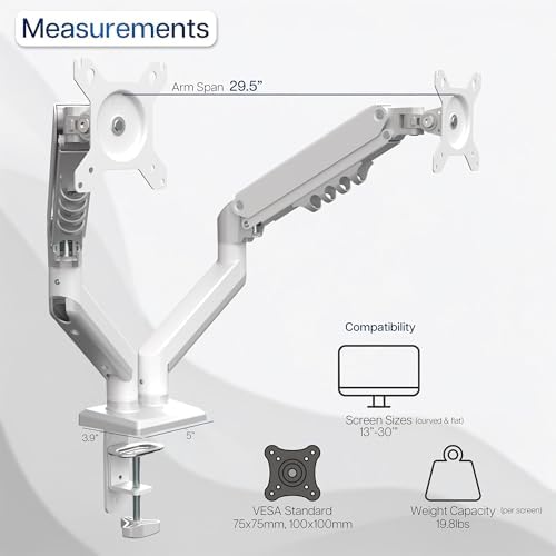 VIVO Aluminum Articulating Dual Monitor Arm for 13 to 30 inch Screens, Desk Mount Tension Spring Monitor Stand for 2 Screens, White, STAND-V102OW