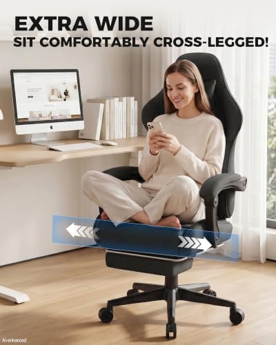 LUCKRACER Gaming Chair with Footrest and Pocket Spring Cushion, 90°-155° Reclining Ergonomic Computer Chair, 4" Height Adjustable, Lumbar Support, SGS Class 3 Gas Lift, Black