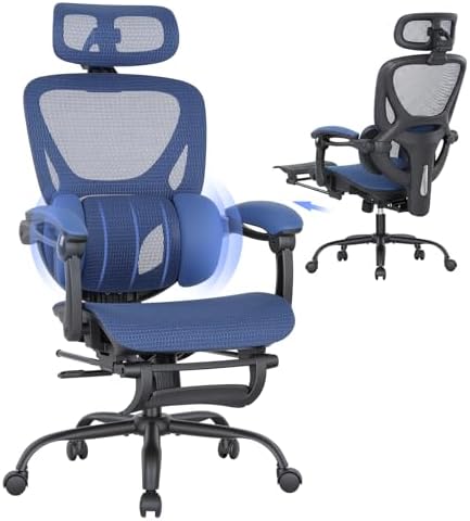 MALOL Ergonomic Mesh Office Chair with Footrest, Executive High Back Computer Desk Chair with 3D Adjustable Headrest & 5-Level Lumbar Support, Reclining Tilt Lock, 3D Arms, 300LBS Capacity, Blue