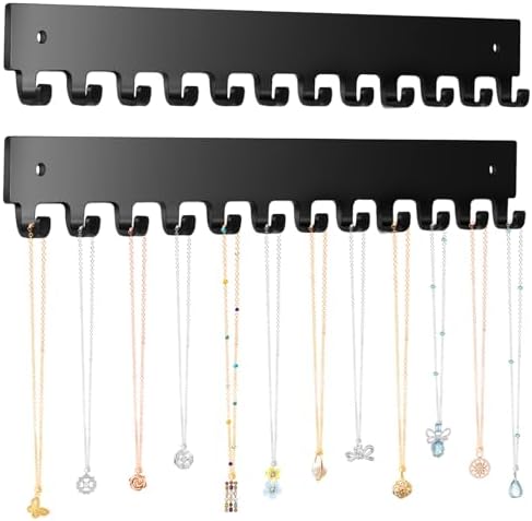 Acrylic Necklace Holder 2 Pack Wall Mounted Necklace Organizer Hanging Jewelry Organizer with 12 Hooks for Necklaces, Bracelets, Rings and Bangles Display Black