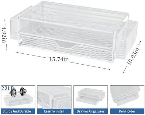 AUPSEN Computer Monitor Stands Riser，2-Tier Desk Organizers and Accessories, Office Desk Accessories Organizer with Drawers and 2 Pen Holder for Office Supplies (White)