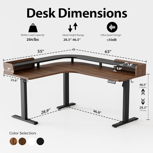 Agilestic L Shaped Standing Desk with Monitor Shelf, 63 Inch, Dark Walnut