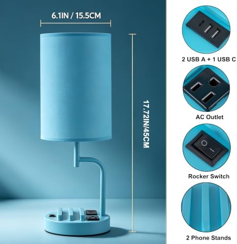 Dreamholder 2 Pack Table Lamp, Bedside Lamp with 3 USB Charging Ports & AC Outlet, USB Desk Lamp with 2 Phone Holders, Linen Fabric Shade Nightstand Lamps for Bedroom Living Room Office, Lake Blue